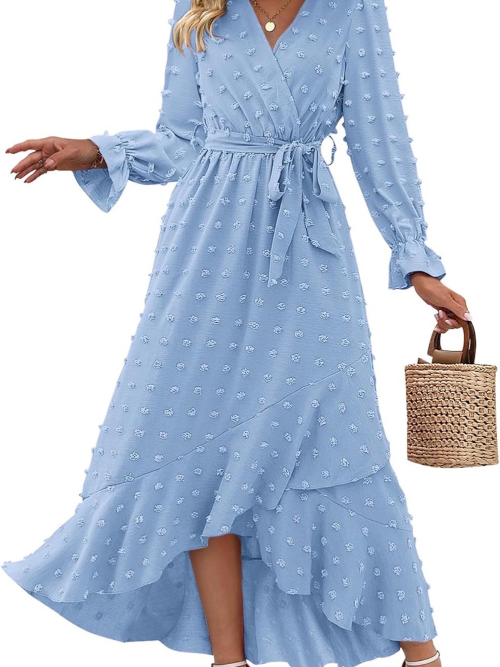 Light Blue Textured Wrap Midi Dress with Tie Waist